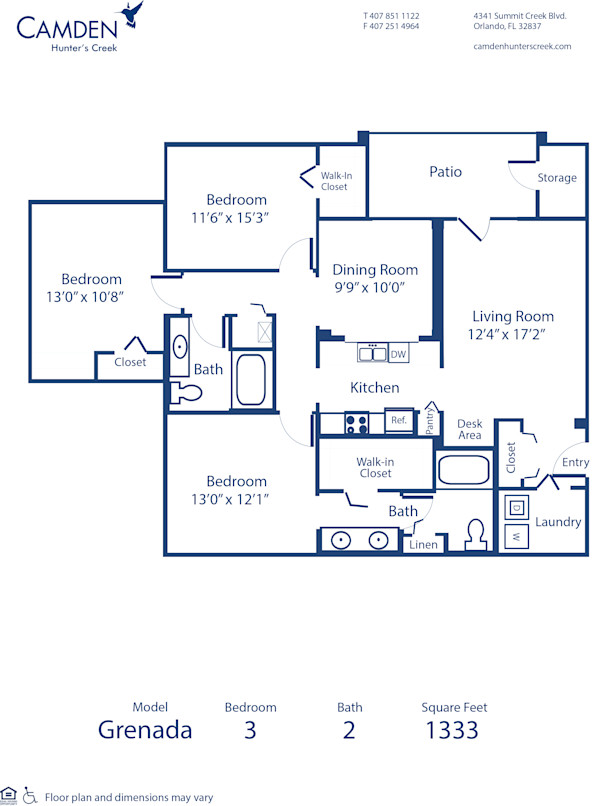 Blueprint of Grenada Floor Plan, 3 Bedrooms and 2 Bathrooms at Camden Hunters Creek Apartments in Orlando, FL