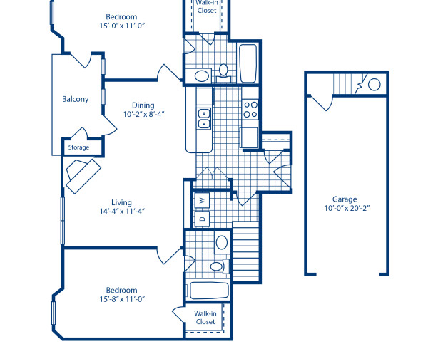 Blueprint of B1R Floor Plan, 2 Bedrooms and 2 Bathrooms at Camden Legacy Creek Apartments in Plano, TX