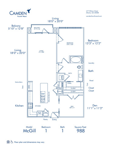 Blueprint of McGill Floor Plan, 1 Bedroom and 1 Bathroom at Camden Fourth Ward Apartments in Atlanta, GA