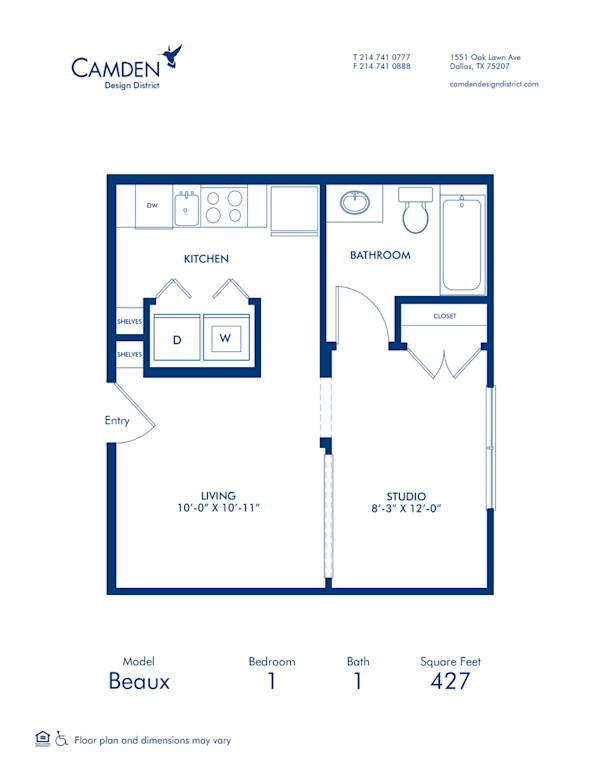 Blueprint of Beaux Floor Plan, Studio with 1 Bathroom at Camden Design District Apartments in Dallas, TX