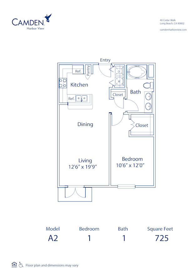 Blueprint of A2 Floor Plan, 1 Bedroom and 1 Bathroom at Camden Harbor View Apartments in Long Beach, CA