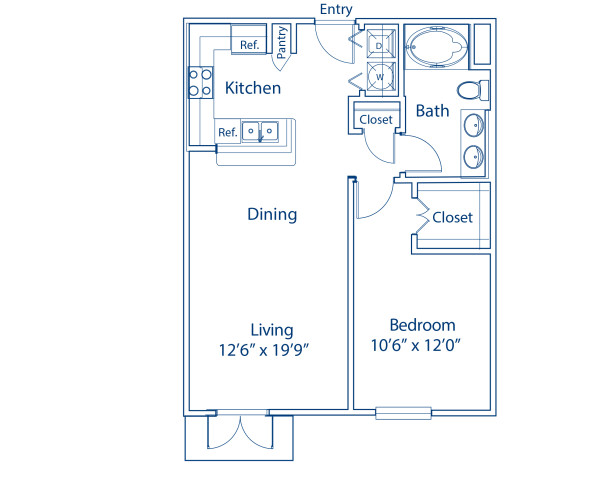 Blueprint of A2 Floor Plan, 1 Bedroom and 1 Bathroom at Camden Harbor View Apartments in Long Beach, CA