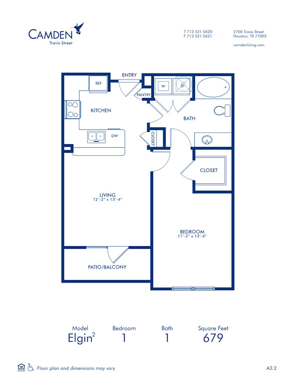 Blueprint of Elgin 2 Floor Plan, 1 Bedroom and 1 Bathroom at Camden Travis Street Apartments in Houston, TX
