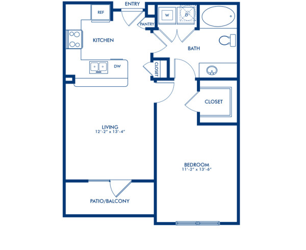 Blueprint of Elgin 2 Floor Plan, 1 Bedroom and 1 Bathroom at Camden Travis Street Apartments in Houston, TX