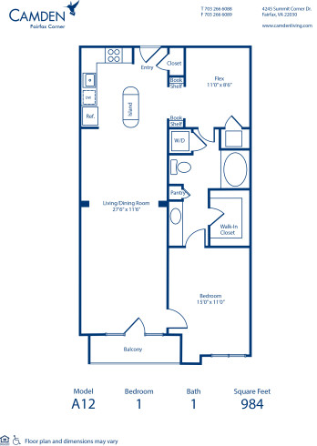 Blueprint of A12 Floor Plan, 1 Bedroom and 1 Bathroom at Camden Fairfax Corner Apartments in Fairfax, VA