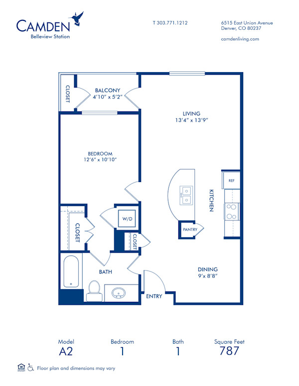 Blueprint of A2 Floor Plan, 1 Bedroom and 1 Bathroom at Camden Belleview Station Apartments in Denver, CO