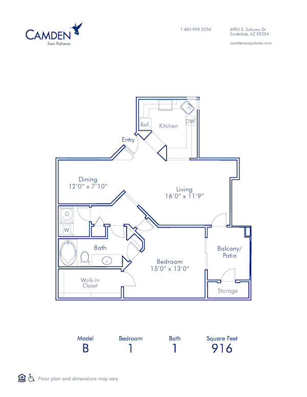Blueprint of B Floor Plan, 1 Bedroom and 1 Bathroom at Camden San Paloma Apartments in Scottsdale, AZ