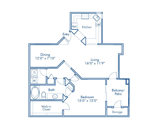 Blueprint of B Floor Plan, 1 Bedroom and 1 Bathroom at Camden San Paloma Apartments in Scottsdale, AZ