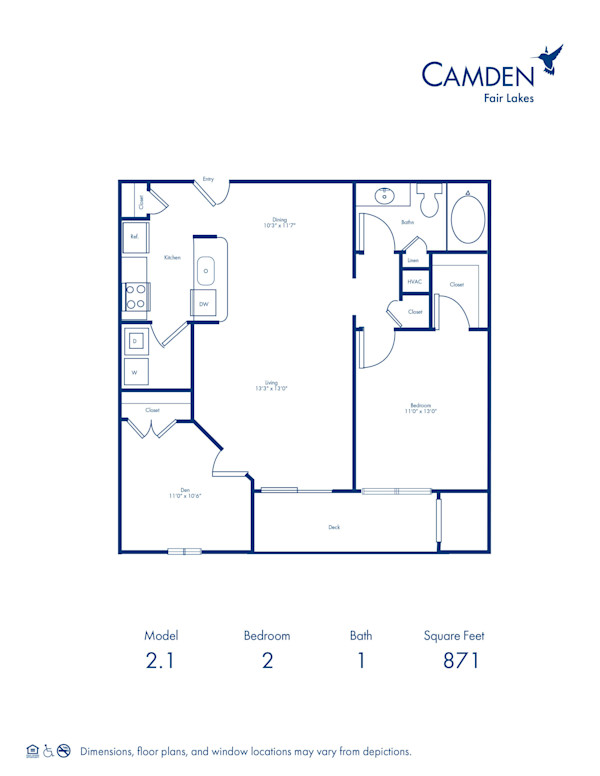 2.1 floor plan at Camden Fair Lakes apartments, 2 bed, 1 bath