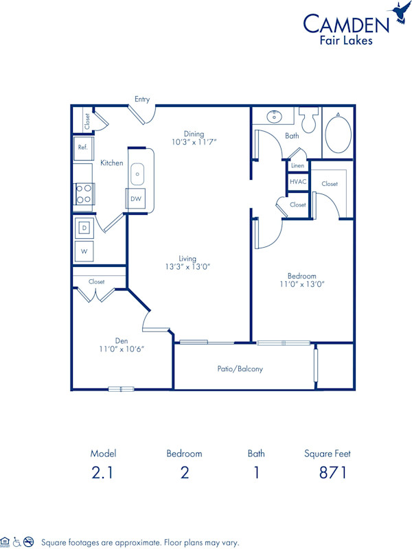 2.1 floor plan at Camden Fair Lakes apartments, 2 bed, 1 bath
