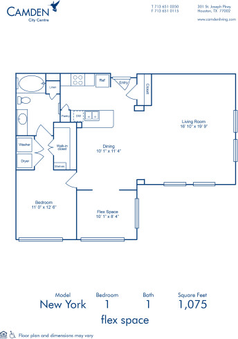 Blueprint of New York Floor Plan, 1 Bedroom and 1 Bathroom at Camden City Centre Apartments in Houston, TX