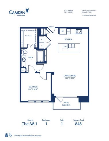 Blueprint of A8.1 Floor Plan, 1 Bedroom and 1 Bathroom at Camden Victory Park Apartments in Dallas, TX