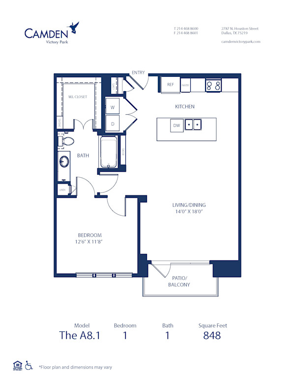 Blueprint of A8.1 Floor Plan, 1 Bedroom and 1 Bathroom at Camden Victory Park Apartments in Dallas, TX