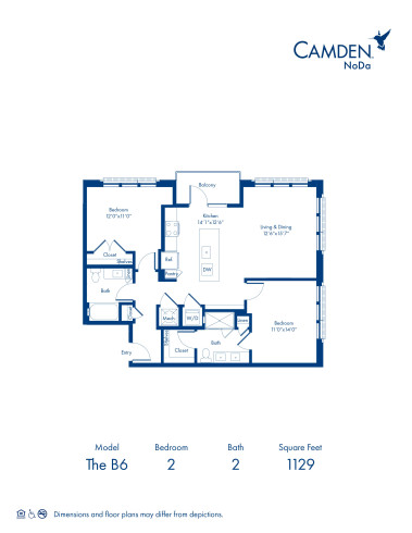 The B6 floor plan, 2 bed, 2 bath at Camden NoDa Apartments in Charlotte, NC