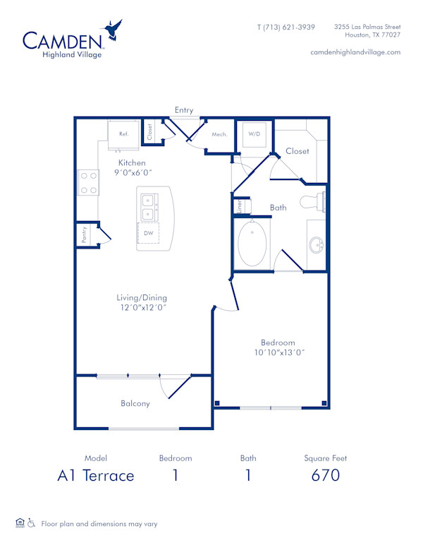 Camden Highland Village apartments in Houston, TX Terrace one bedroom floor plan A1