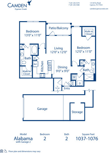 Blueprint of Alabama - G2 Floor Plan, 2 Bedrooms and 2 Bathrooms at Camden Cypress Creek Apartments in Cypress, TX