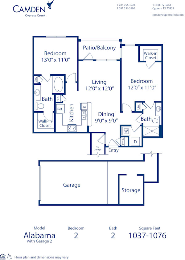Blueprint of Alabama - G2 Floor Plan, 2 Bedrooms and 2 Bathrooms at Camden Cypress Creek Apartments in Cypress, TX