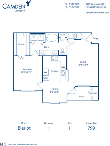 Blueprint of Bleriot Floor Plan, 1 Bedroom and 1 Bathroom at Camden Centreport Apartments in Ft. Worth, TX