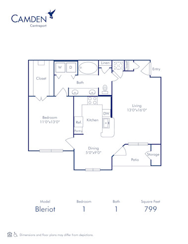 Blueprint of Bleriot Floor Plan, 1 Bedroom and 1 Bathroom at Camden Centreport Apartments in Ft. Worth, TX