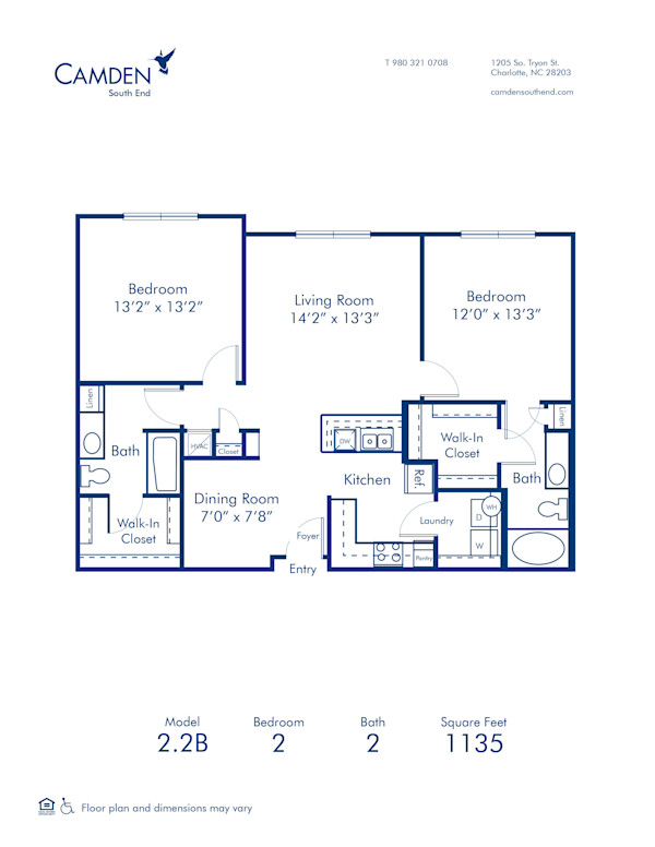Blueprint of 2.2B Floor Plan, 2 Bedrooms and 2 Bathrooms at Camden South End Apartments in Charlotte, NC