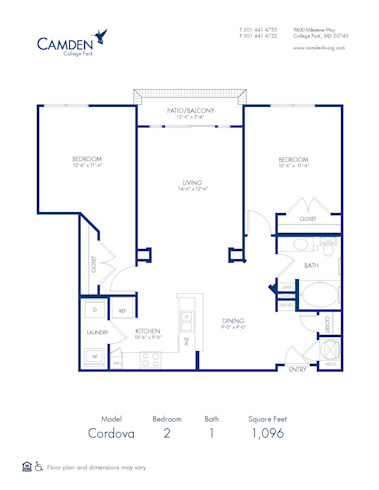 Blueprint of Cordova Floor Plan, 2 Bedrooms and 1 Bathroom at Camden College Park Apartments in College Park, MD