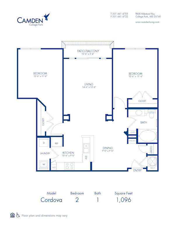 Blueprint of Cordova Floor Plan, 2 Bedrooms and 1 Bathroom at Camden College Park Apartments in College Park, MD