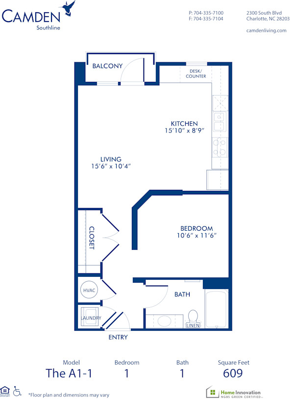 Blueprint of A1-1 Floor Plan, Studio with 1 Bathroom at Camden Southline Apartments in Charlotte, NC