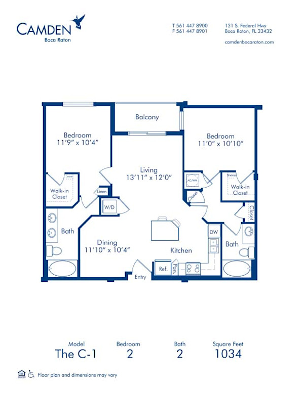 Blueprint of The C-1 Floor Plan, 2 Bedrooms and 2 Bathrooms at Camden Boca Raton Apartments in Boca Raton, FL