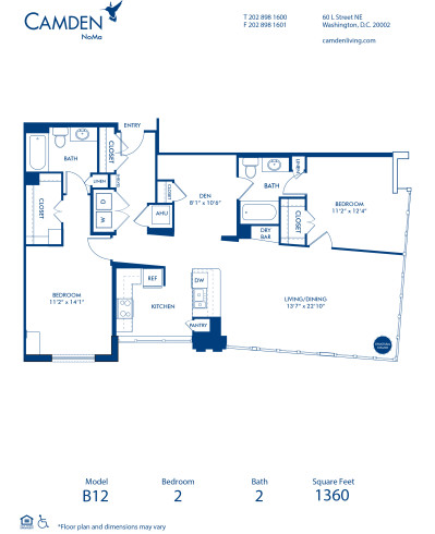 Blueprint of B12 Floor Plan, 2 Bedrooms and 2 Bathrooms at Camden NoMa Apartments in Washington, DC