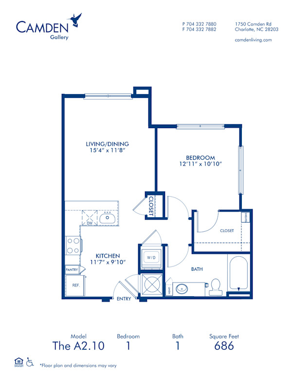Blueprint of A2.10 Floor Plan, 1 Bedroom and 1 Bathroom at Camden Gallery Apartments in Charlotte, NC