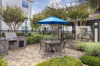 Outdoor dining and grill area at Camden Spring Creek Apartments in Spring, Texas