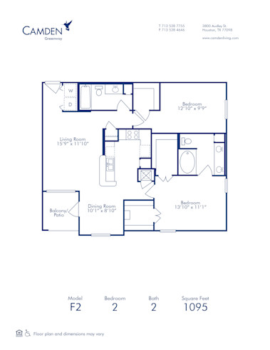 Blueprint of F2 Floor Plan, 2 Bedrooms and 2 Bathrooms at Camden Greenway Apartments in Houston, TX