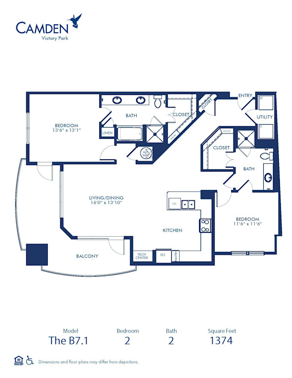 Blueprint of B7.1 Floor Plan, 2 Bedrooms and 2 Bathrooms at Camden Victory Park Apartments in Dallas, TX