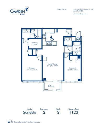 Blueprint of Sonesta Floor Plan, 2 Bedrooms and 2 Bathrooms at Camden Brickell Apartments in Miami, FL