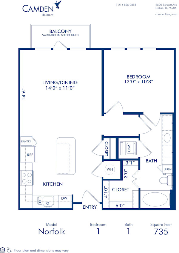Blueprint of Norfolk Floor Plan, 1 Bedroom and 1 Bathroom at Camden Belmont Apartments in Dallas, TX