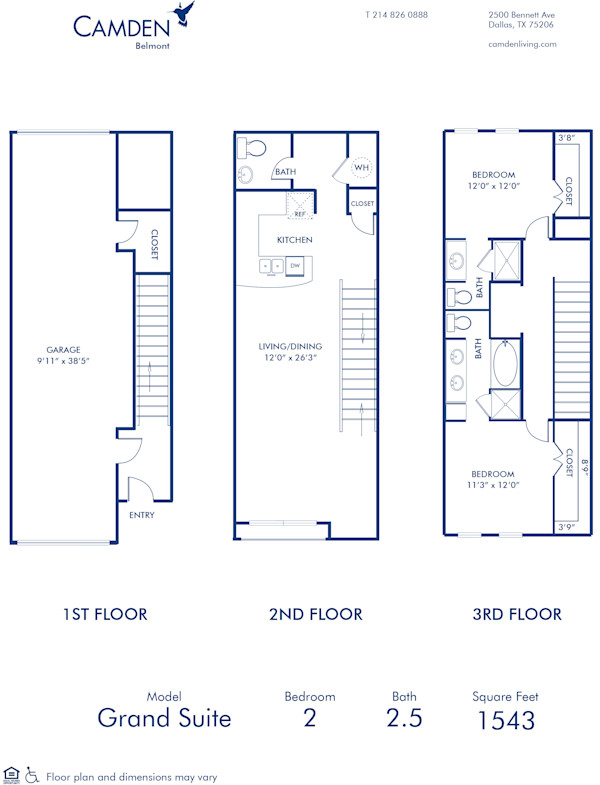 Blueprint of Grand Suite Floor Plan, 2 Bedrooms and 2.5 Bathrooms at Camden Belmont Apartments in Dallas, TX