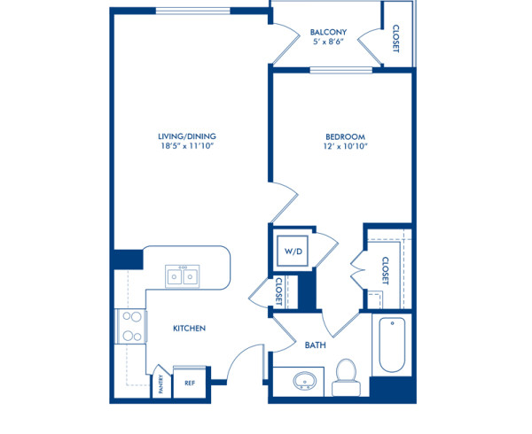 Blueprint of A1 Floor Plan, Apartment Home with 1 Bedroom and 1 Bathroom at Camden Belleview Station in Denver, CO