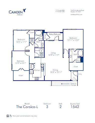 Blueprint of Corsica L Floor Plan, 3 Bedroom and 2 Bathroom at Camden Yorktown Apartments in Houston, TX