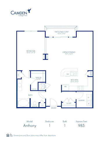 Blueprint of Andrew 2 Floor Plan, 1 Bedroom and 1 Bathroom at Camden College Park Apartments in College Park, MD