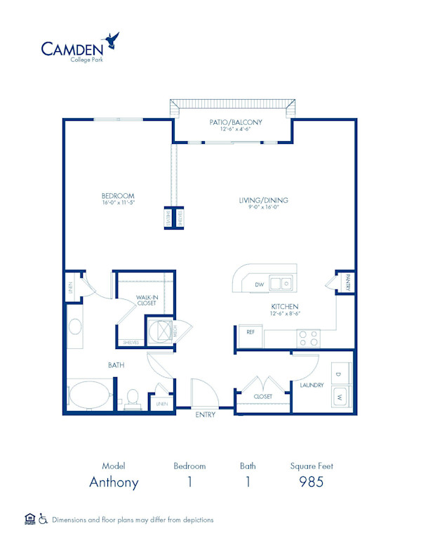 Blueprint of Andrew 2 Floor Plan, 1 Bedroom and 1 Bathroom at Camden College Park Apartments in College Park, MD