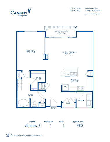 Blueprint of Andrew 2 Floor Plan, 1 Bedroom and 1 Bathroom at Camden College Park Apartments in College Park, MD
