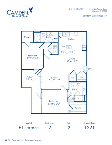 Camden Highland Village apartments in Houston, TX Terrace two bedroom floor plan E1
