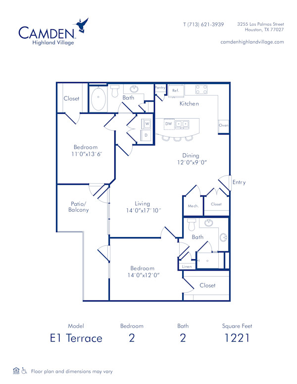 Camden Highland Village apartments in Houston, TX Terrace two bedroom floor plan E1