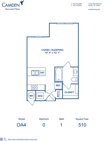 Blueprint of 0A4 Floor Plan, Studio with 1 Bathroom at Camden Monument Place Apartments in Fairfax, VA