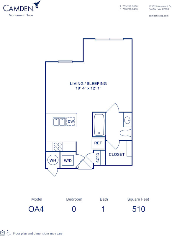 Blueprint of 0A4 Floor Plan, Studio with 1 Bathroom at Camden Monument Place Apartments in Fairfax, VA