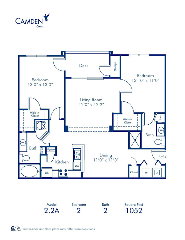 Blueprint of 2.2A Floor Plan, 2 Bedrooms and 2 Bathrooms at Camden Crest Apartments in Raleigh, NC