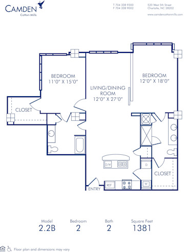 Blueprint of 2.2B Floor Plan, 2 Bedrooms and 2 Bathrooms at Camden Cotton Mills Apartments in Charlotte, NC