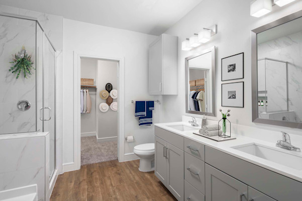 Villas townhome closet and bathroom with gray cabinets and two sinks at Camden Greenville
