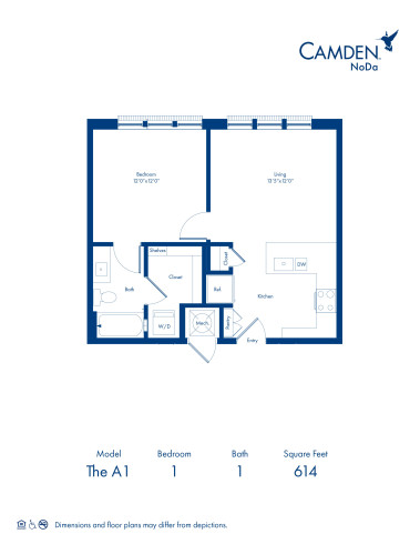 The A1 floor plan, 1 bed, 1 bath at Camden NoDa Apartments in Charlotte, NC