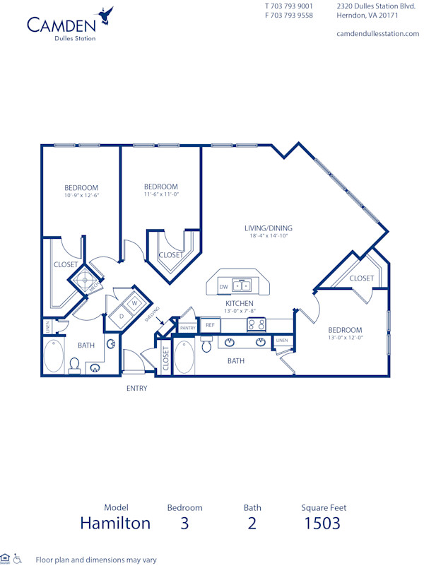 Blueprint of Hamilton Floor Plan, 3 Bedrooms and 2 Bathrooms at Camden Dulles Station Apartments in Herndon, VA